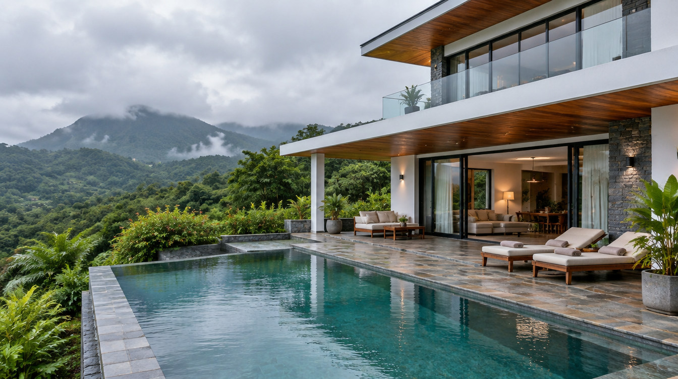 Two-storey villa with a pool and terrace below misty hills