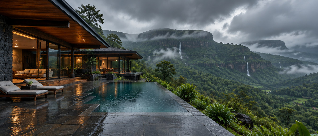 Infinity pool and terrace in the rain, waterfalls on the cliffs