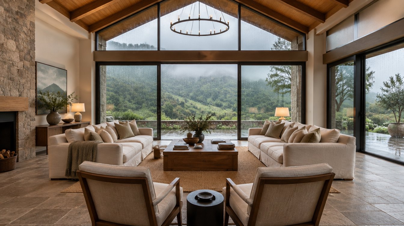 The living room looking out at the monsoon hills