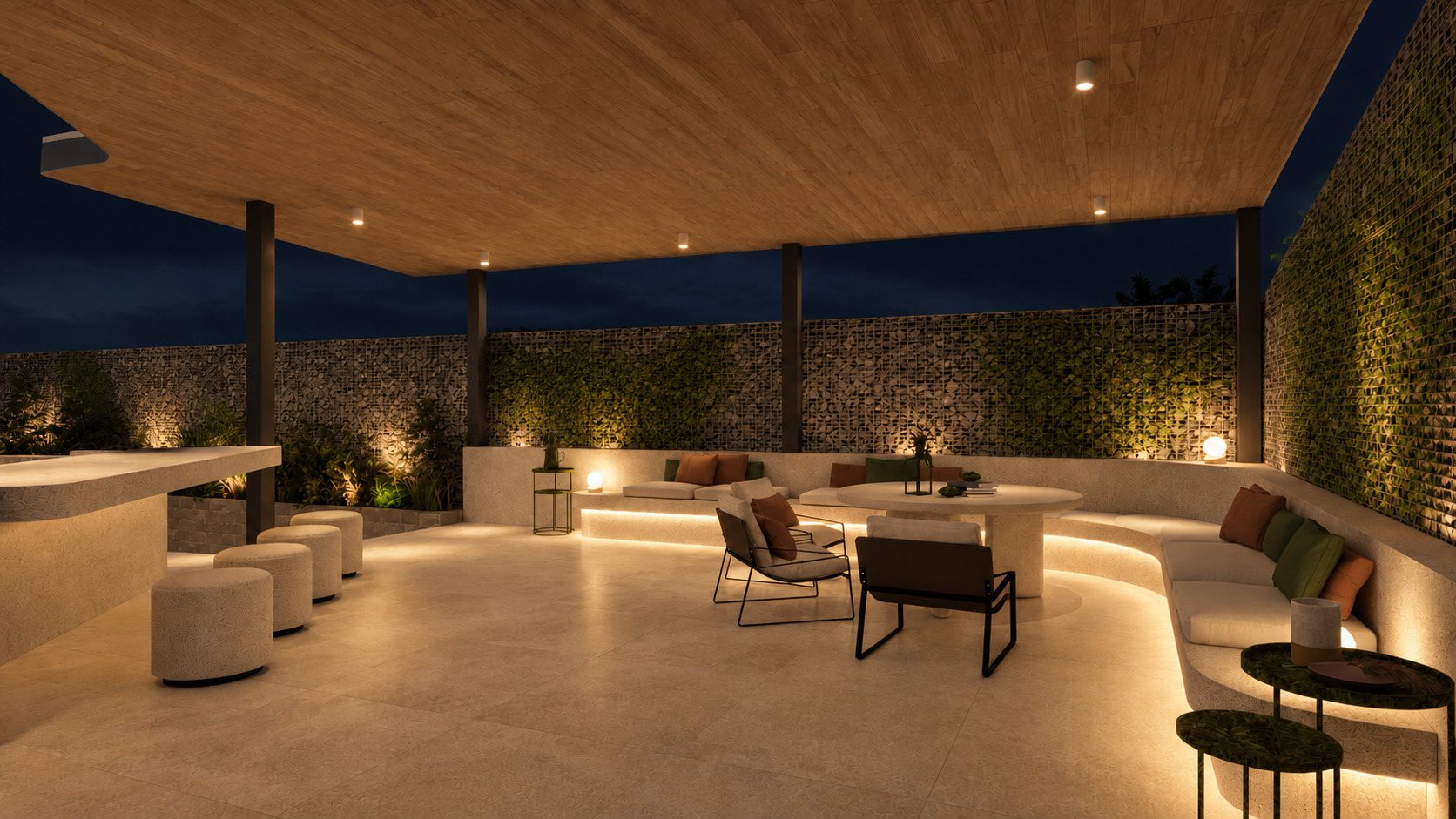 The covered outdoor lounge at night